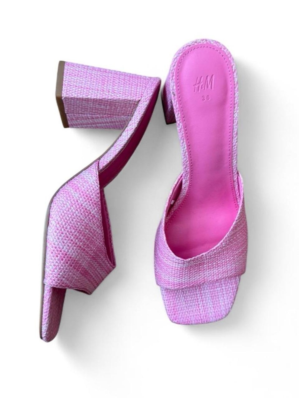 H&M Pink Textured Block Heel Slide Mules